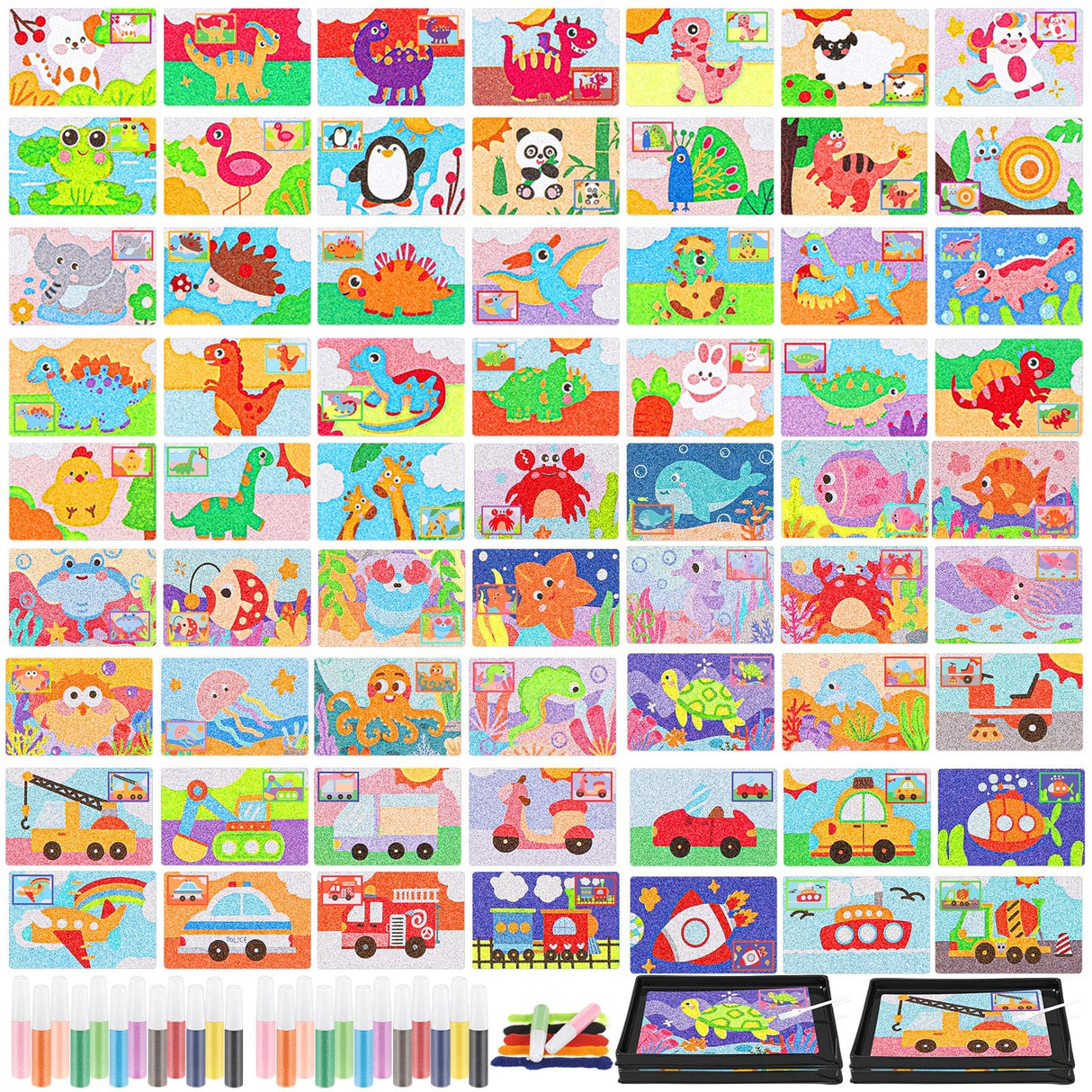 Tenceur 119 Pcs Kids' Sand Art Kits Сolor Sand Art Pictures Peel and Stick 12 Color 32 Pcs Sand Painting Board 2 Sand Painting Tray 2 Brush 24 Bottles for Kids Tenceur