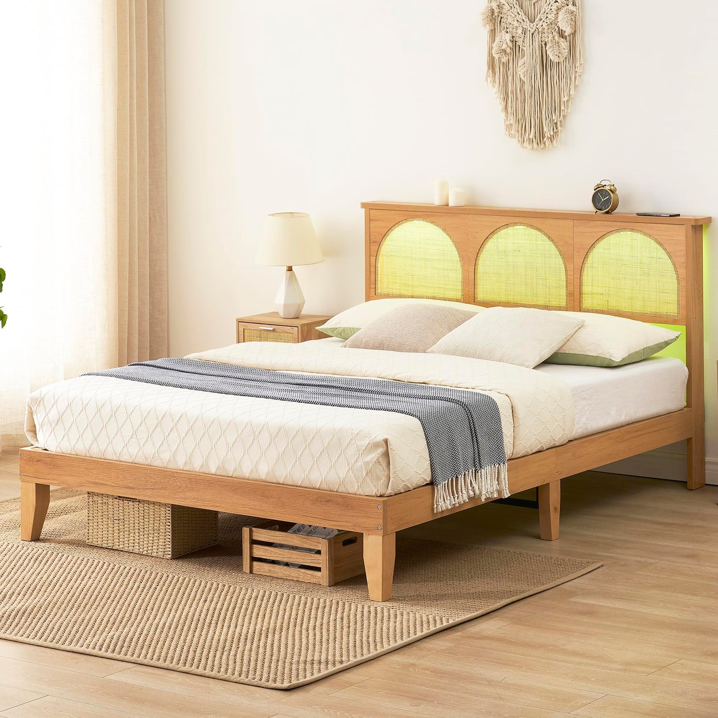 GAOMON Full Size Platform Bed Frame with Rattan Headboard and LED Lighting - WoodArtSupply