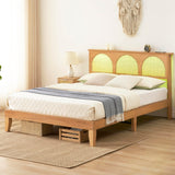 IDEALHOUSE Queen Bed Frame with Natural Rattan Headboard, Platform Bed Frame Queen Size with Storage Headboard, Mattress Foundation, Noise-Free, No Box Spring Needed IDEALHOUSE