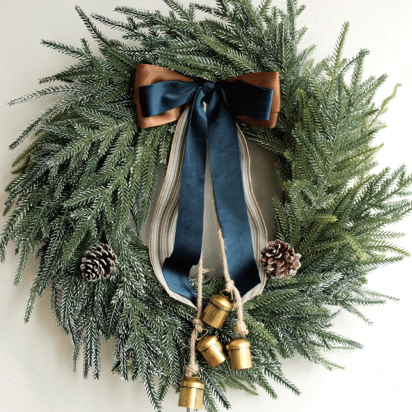 Christmas Decorations - 18 Inch Norfolk Pine Wreath with Bells and Ribbon - Artificial Pine Greenery Wreath for Home Table Wall Window Indoor Outdoor Outside Decoration