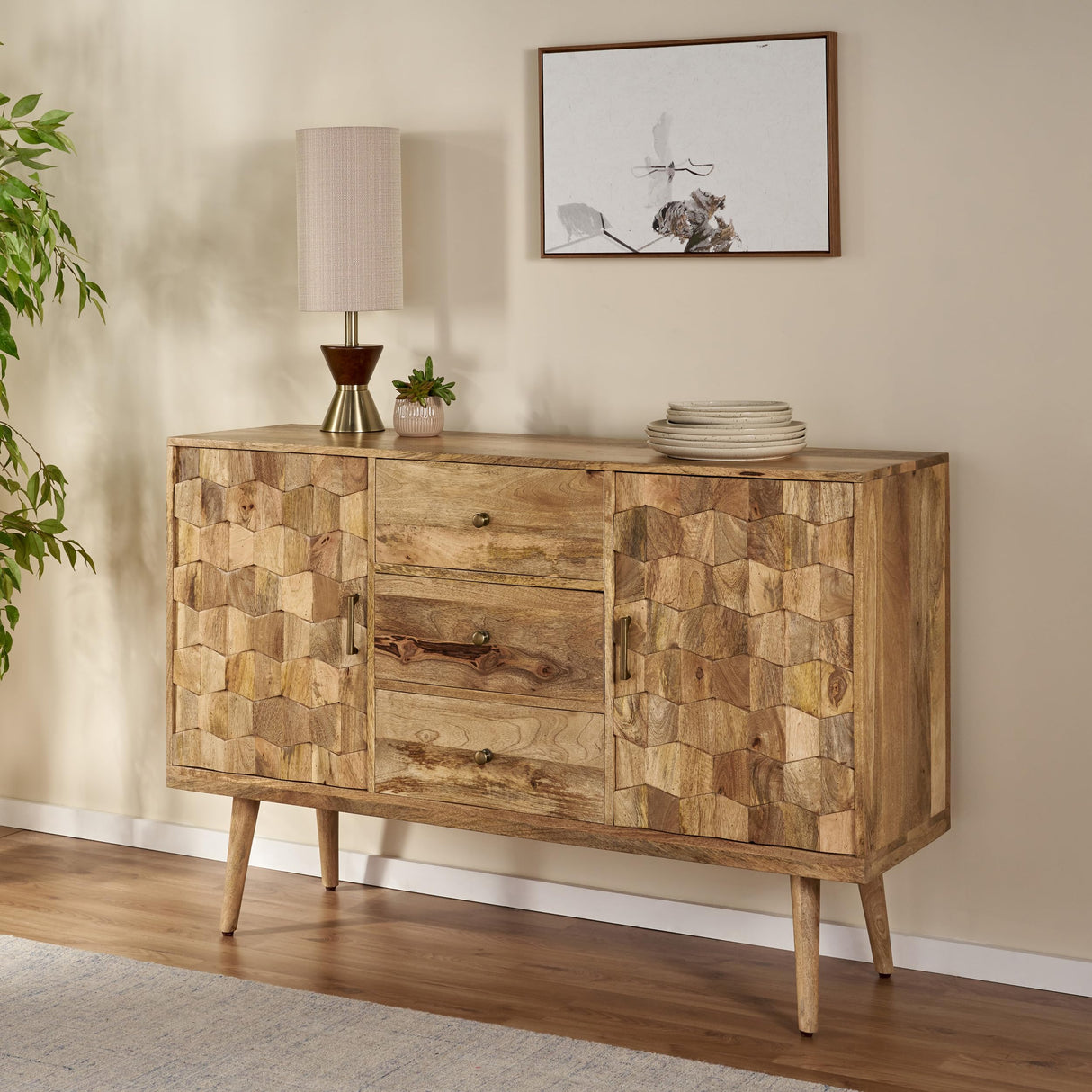 Great Deal Furniture Zona Mid-Century Modern Mango Wood 3 Drawer Sideboard with 2 Doors, Natural Great Deal Furniture