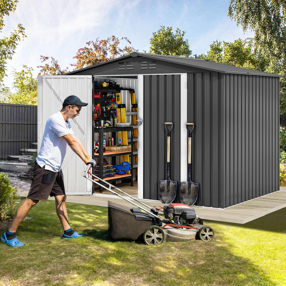 DWVO 8'x6' Large Metal Outdoor Storage Shed, Heavy Duty Tool Storage Sheds for Backyard Patio Lawn - Ideal for Bicycles, Garden Tools, and Lawn Equipment, Easy-to-Assemble, Dark Gray DWVO