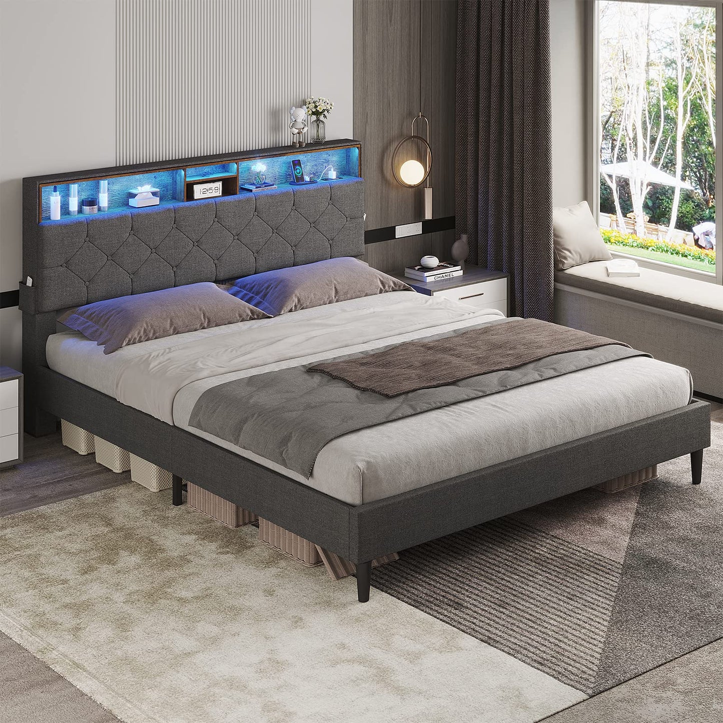 ADORNEVE LED Bed Frame Full Size with Storage Headboard, Platform Bed Frame with Outlets and USB Ports, Upholstered Bed with LED Lights & Storage, Diamond Stitched Button Tufted Design, Dark Grey