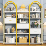 Nosepen 83.5" Tall Arched Bookshelf with 3 Drawers and 13 Storage Shelves, Industrial Open Book Shelf with Display Shelves, Large Etagere Bookshelf, Triple Wide Book Case for Home & Office, Gold Nosepen