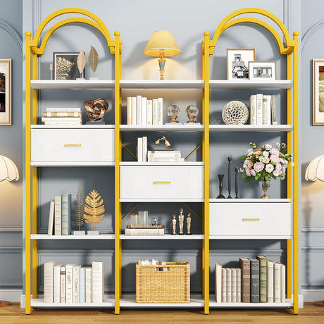 Nosepen 83.5" Tall Arched Bookshelf with 3 Drawers and 13 Storage Shelves, Industrial Open Book Shelf with Display Shelves, Large Etagere Bookshelf, Triple Wide Book Case for Home & Office, Gold Nosepen