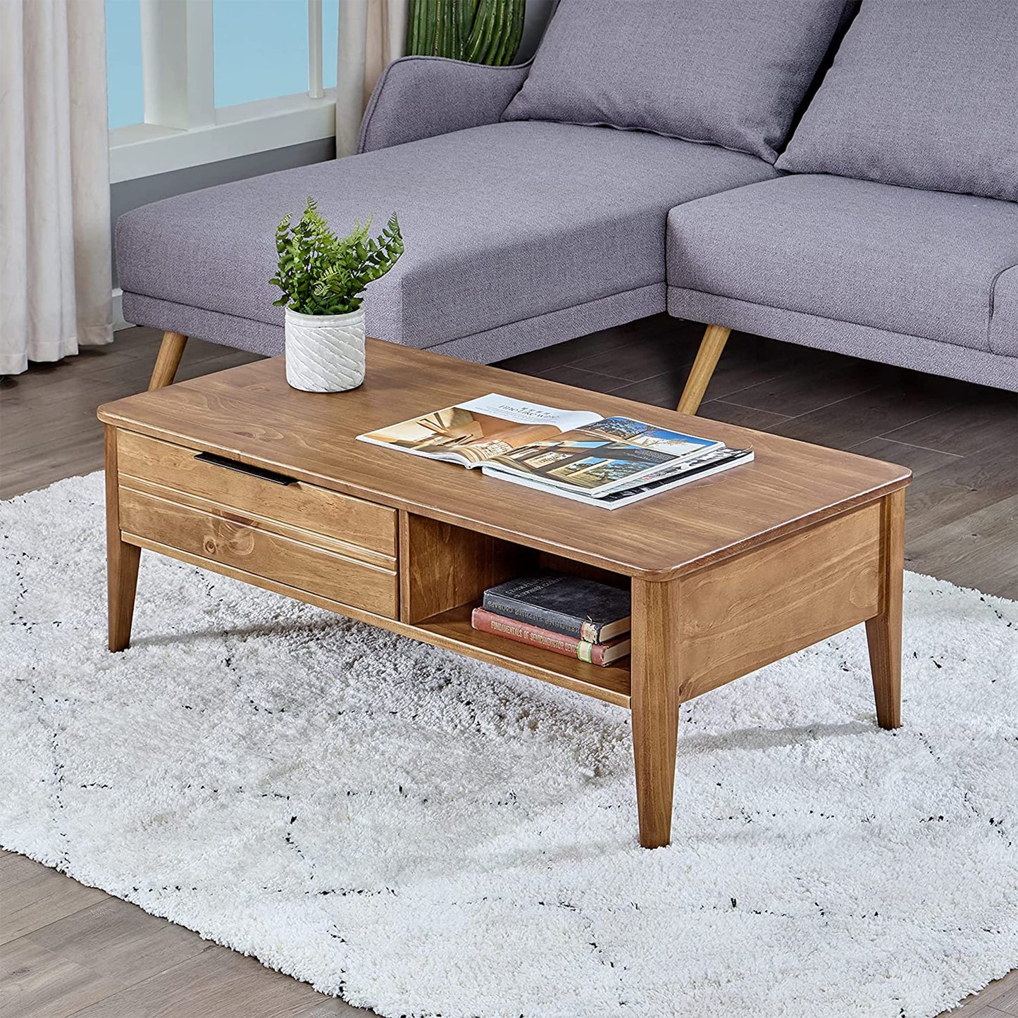 MUSEHOMEINC California Mid-Century Solid Wood Rectangle Coffee Table with Storage Drawer for Living Room/Cocktail Height Design, Honey Brown Finish - WoodArtSupply