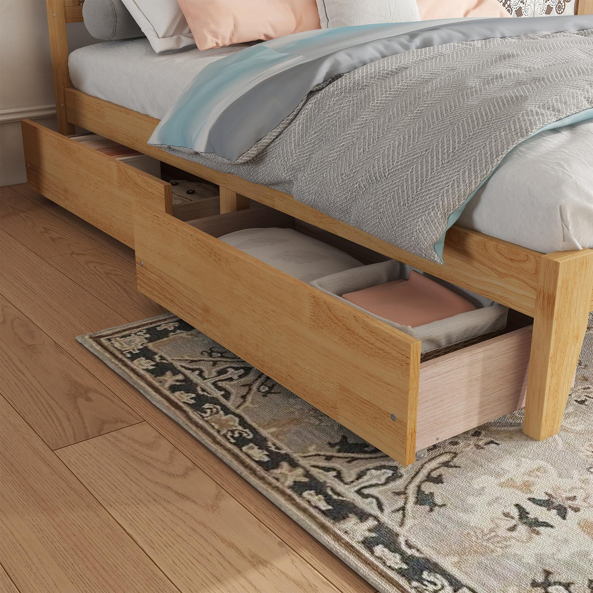 KEIKI Full Size Wood Platform Bed Frame with Rattan Headboard, 2 Storage Drawers, Modern Style Bed with Solid Wooden Slats, Easy Assembly, No Box Spring Required, for Bedroom, Guest Room, White Oak KEIKI