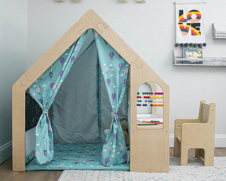 Avenlur Flair - 5 in 1 Indoor Playhouse with Desk Table, Chair, Chalkboard, Floor Cushion and Curtain Shades - Montessori and Waldorf Style for Ages 1 to 8 Years Old - (Large, Colorful Balloons) Avenlur