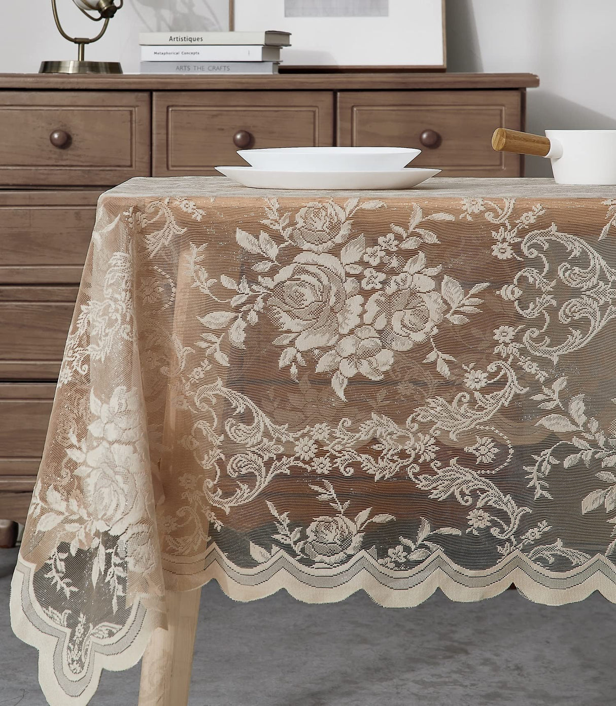 Warm Home Designs 60 x 120 Lace Tablecloth. Linen Gold Rectangle Tablecloth with English Rose Design. Rectangular Tablecloth, Rustic Tablecloth or Dining Table Cover for 10-12 Guests. LTC Linen 120" Warm Home Designs