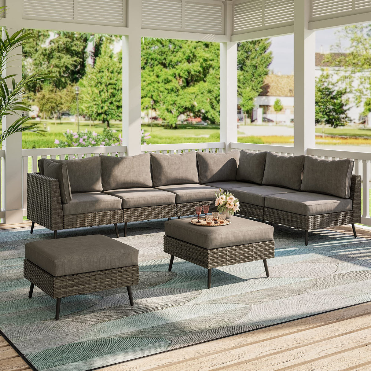 LAUSAINT HOME 8 Piece Outdoor Sectional Sofa PE Rattan Patio Conversation Sets, All Weather Patio Furniture Set with Thick Cushions for Garden, Poolside, Backyard (Grey) LAUSAINT HOME
