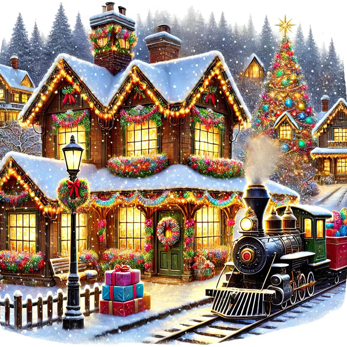 igoodom Christmas Diamond Art Kits for Adults, Christmas Train Diamond Painting Kit, Full Drill Round Winter House Diamond Art Kits, DIY Gem Art for Home Wall Decor Gift 14x14inch igoodom