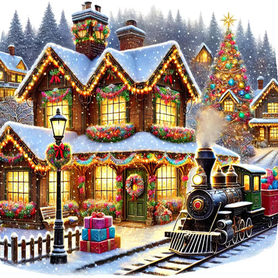 igoodom Christmas Diamond Art Kits for Adults, Christmas Train Diamond Painting Kit, Full Drill Round Winter House Diamond Art Kits, DIY Gem Art for Home Wall Decor Gift 14x14inch