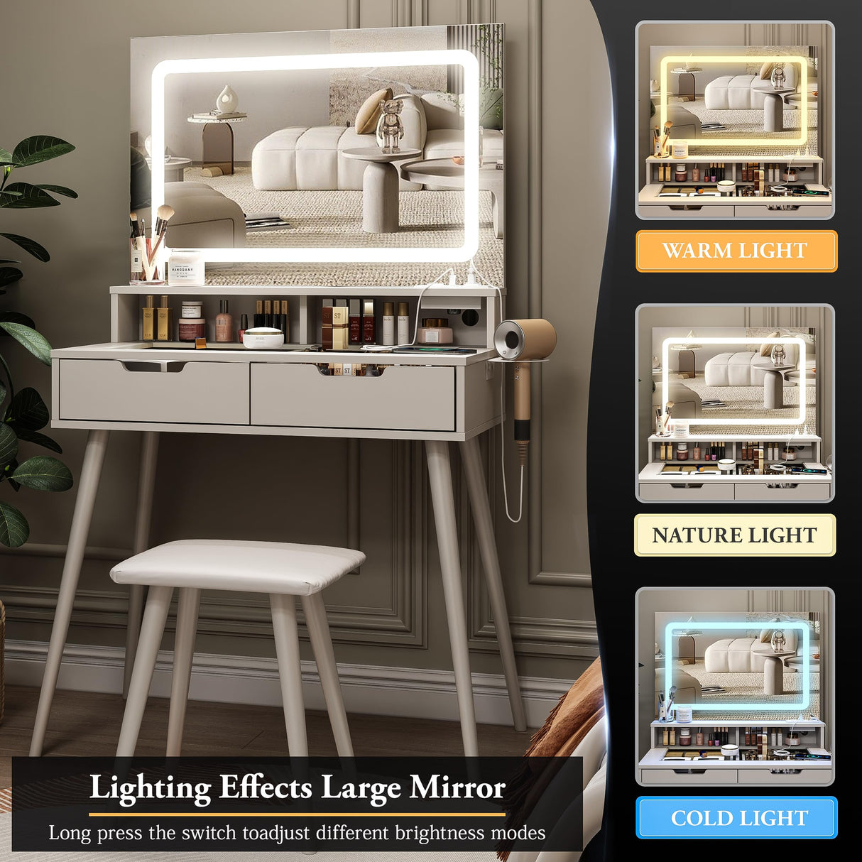 Fameill Small Makeup Vanity Desk Lighted Mirror&Stool,Vanity Table Set with Storage Drawer & Chair,White Vanity for Girls with Power Strip,Vanity Table for Bedroom,White Fameill