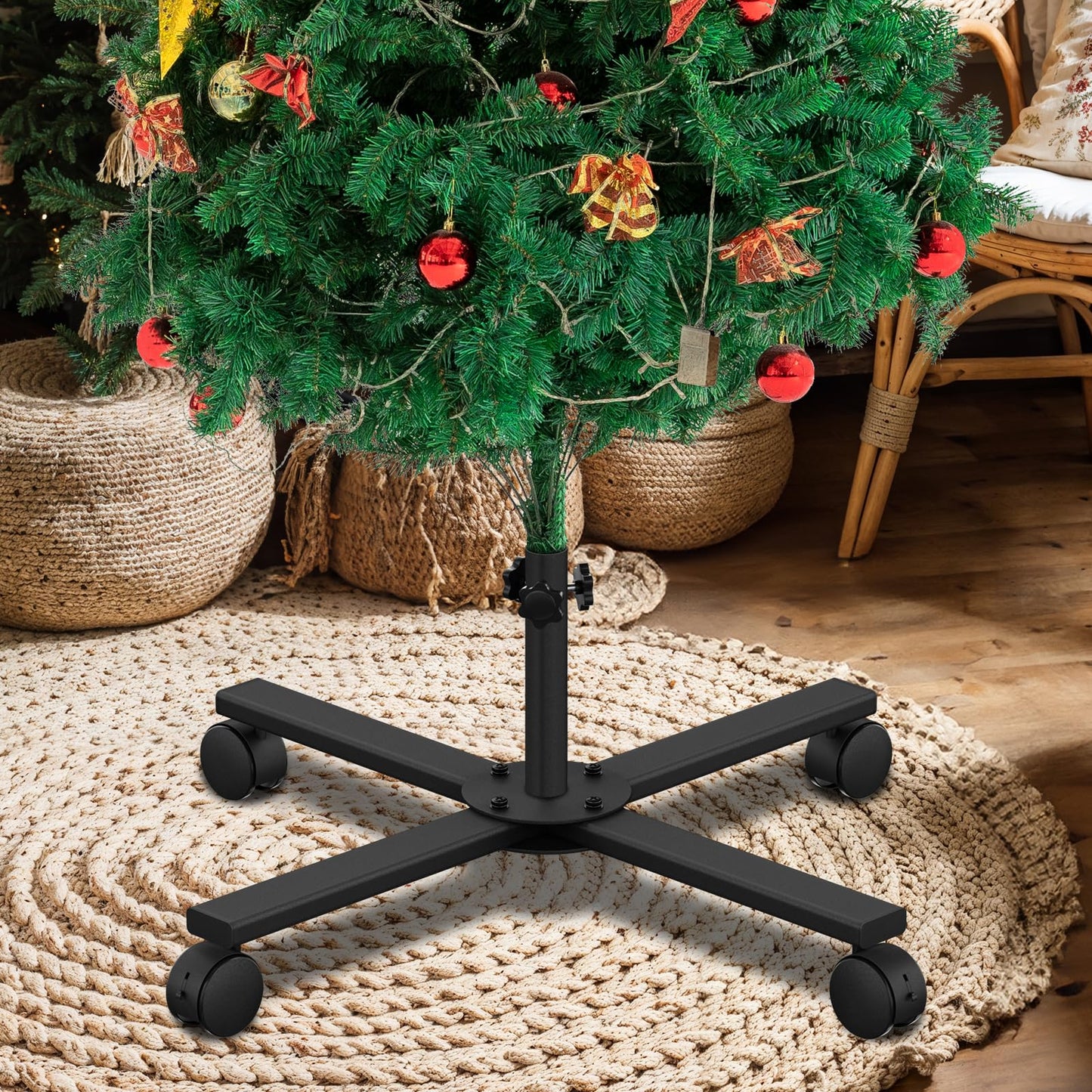 bruwaa Christmas Tree Stand for Artificial Tree, Replacement Xmas Tree Stand Base with Universal Wheel for 3 FT to 7.5FT Artificial Trees, Fits 0.5-0.86 Inch Tree Pole, Black