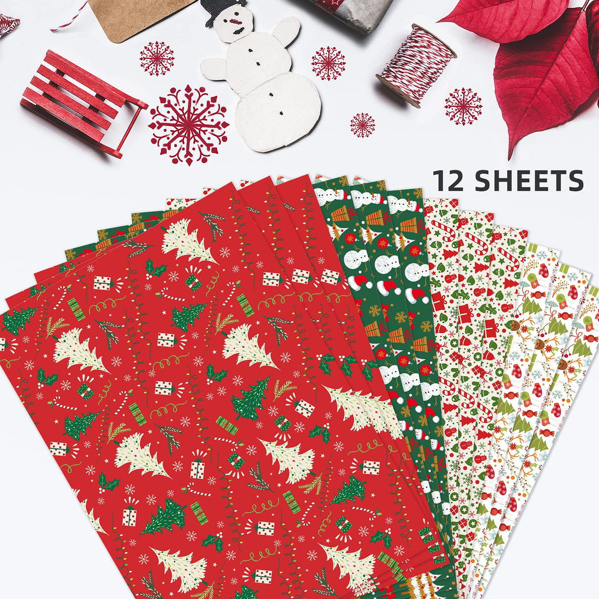PlandRichW Christmas Wrapping Paper Folded for Kids Boys Girls Man Women Gift's. Papercraft Snowmen, Candy Canes, Tree, Socks, Snowflakes, Happy New Year Bulk of 12 Sheets 20"x 29" Folded PlandRichW
