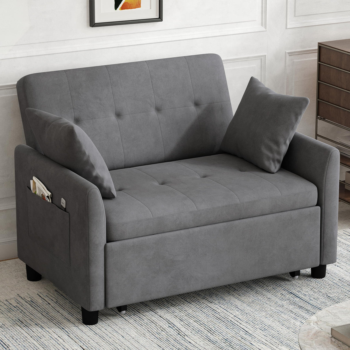 AYEASY Sleeper Sofa Bed, 3 in 1 Convertible Sleeper Couch Bed Pull Out, Small Loveseat Sofa, Futon Sofa Bed Full Size, 46" Velvet Love Seat with Pillow and Phone Holder for Living Room, Grey AYEASY