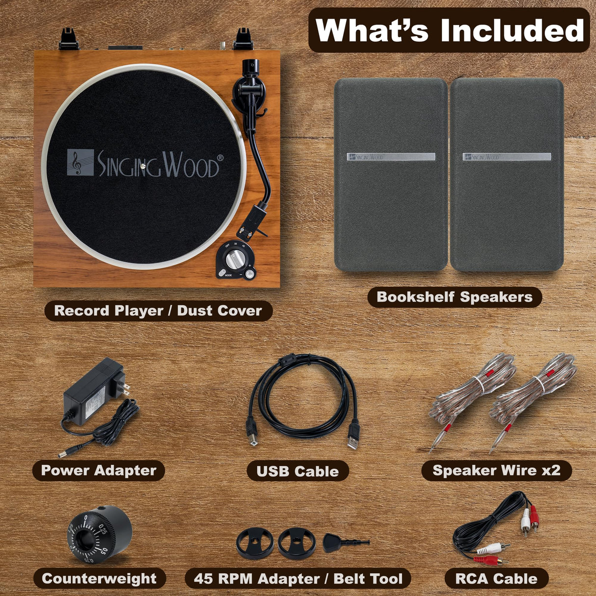 SingingWood Audio VP42AS Bluetooth Belt Drive 2 Speed Built in Preamp Turntable Hi-Fi with 44 Watt Bookshelf Speakers, Vinyl Record Player with Magnetic Cartridge Bluetooth Playback (Walnut) SINGING WOOD