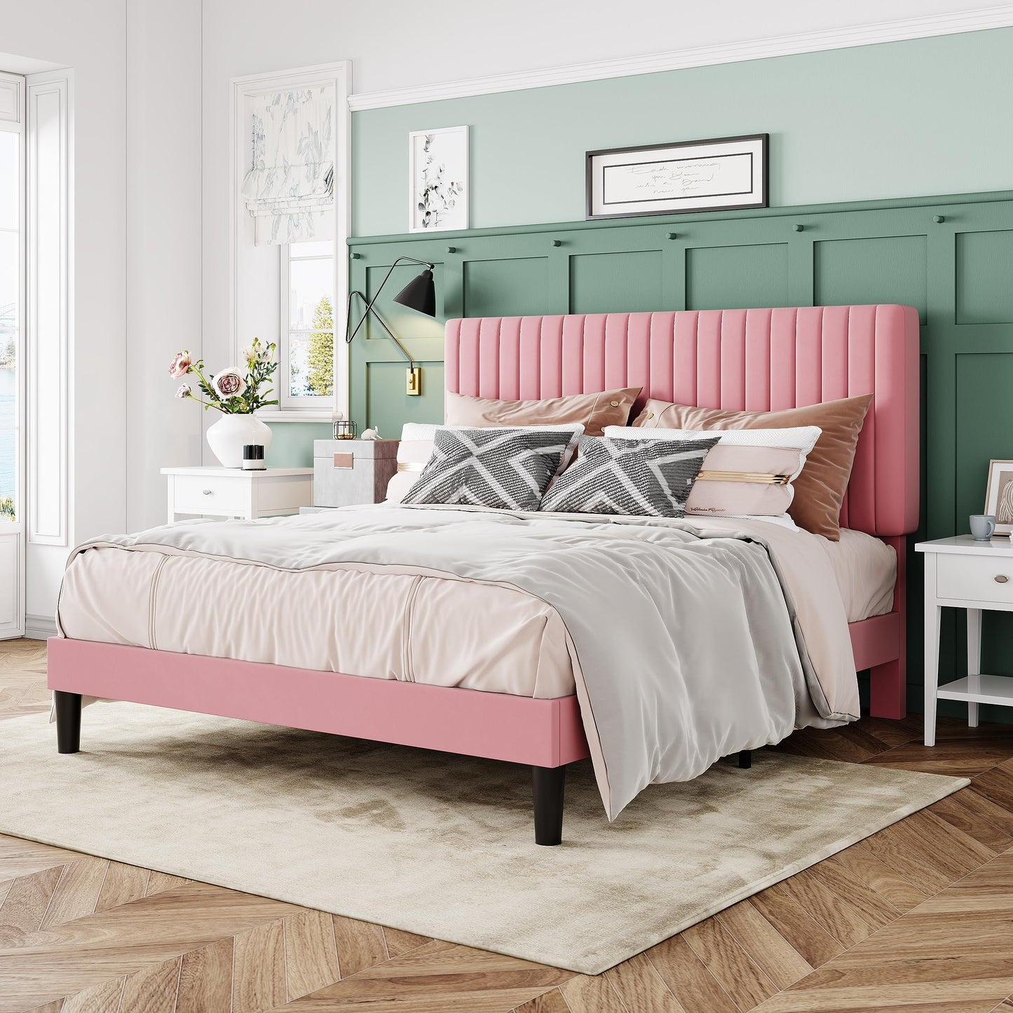 Allewie Queen Bed Frame, Velvet Upholstered Platform Bed with Adjustable Vertical Channel Tufted Headboard, Mattress Foundation with Strong Wooden Slats, Box Spring Optional, Easy Assembly, Pink