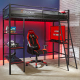 X Rocker Fortress Video Gaming Twin Loft Bed, Durable Black Metal Bed Frame, Built-in Desk and 3 Shelves, 77.64" x 59.17" x 72.05" X Rocker