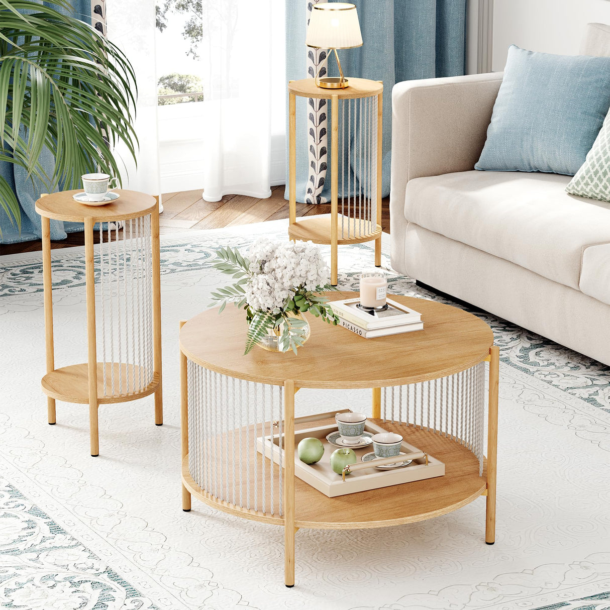 Yechen 3-Piece Boho Coffee Table Set with Hand-Woven Natural Rope, 2 Tier Wooden Round Coffee Table and End Table Sets with Metal Frame, Side Table with Storage for Living Room, Bedroom Yechen