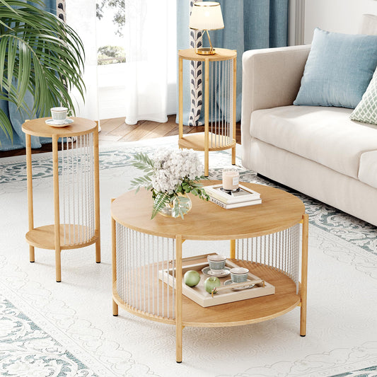 Yechen 3-Piece Boho Coffee Table Set with Hand-Woven Natural Rope, 2 Tier Wooden Round Coffee Table and End Table Sets with Metal Frame, Side Table with Storage for Living Room, Bedroom - WoodArtSupply