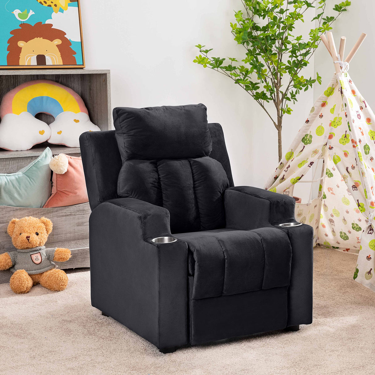 Naomi Home Sally Deluxe Kids Recliner Chair with Footrest & 2 Cup Holders, Push Back Toddler Recliner with Cup Holder, Microfiber Kids' Recliners for Age 3+, Kid Recliners for Girls Boys Black Naomi Home