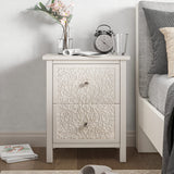 COZAYH Farmhouse Fully-Assembled Nightstand with 2-Drawer, Flower Motif End Table for Small Spaces, French Country, Modern, Distressed Finish, White-Washed COZAYH