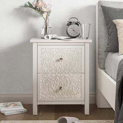 COZAYH Farmhouse Fully-Assembled Nightstand with 2-Drawer, Flower Motif End Table for Small Spaces, French Country, Modern, Distressed Finish, White-Washed