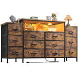 EnHomee 55" W Dresser for Bedroom with LED Lights & Charging Station 12 Drawer Dressers & Chests of Drawers Dresser TV Stand for Bedroom for Hanging 65" TV, Metal Frame & Fabric Drawers, Rustic Brown EnHomee