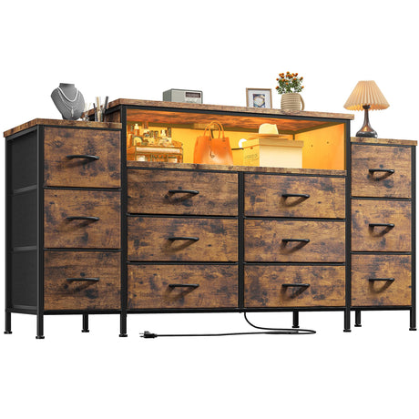 EnHomee 55" W Dresser for Bedroom with LED Lights & Charging Station 12 Drawer Dressers & Chests of Drawers Dresser TV Stand for Bedroom for Hanging 65" TV, Metal Frame & Fabric Drawers, Rustic Brown EnHomee