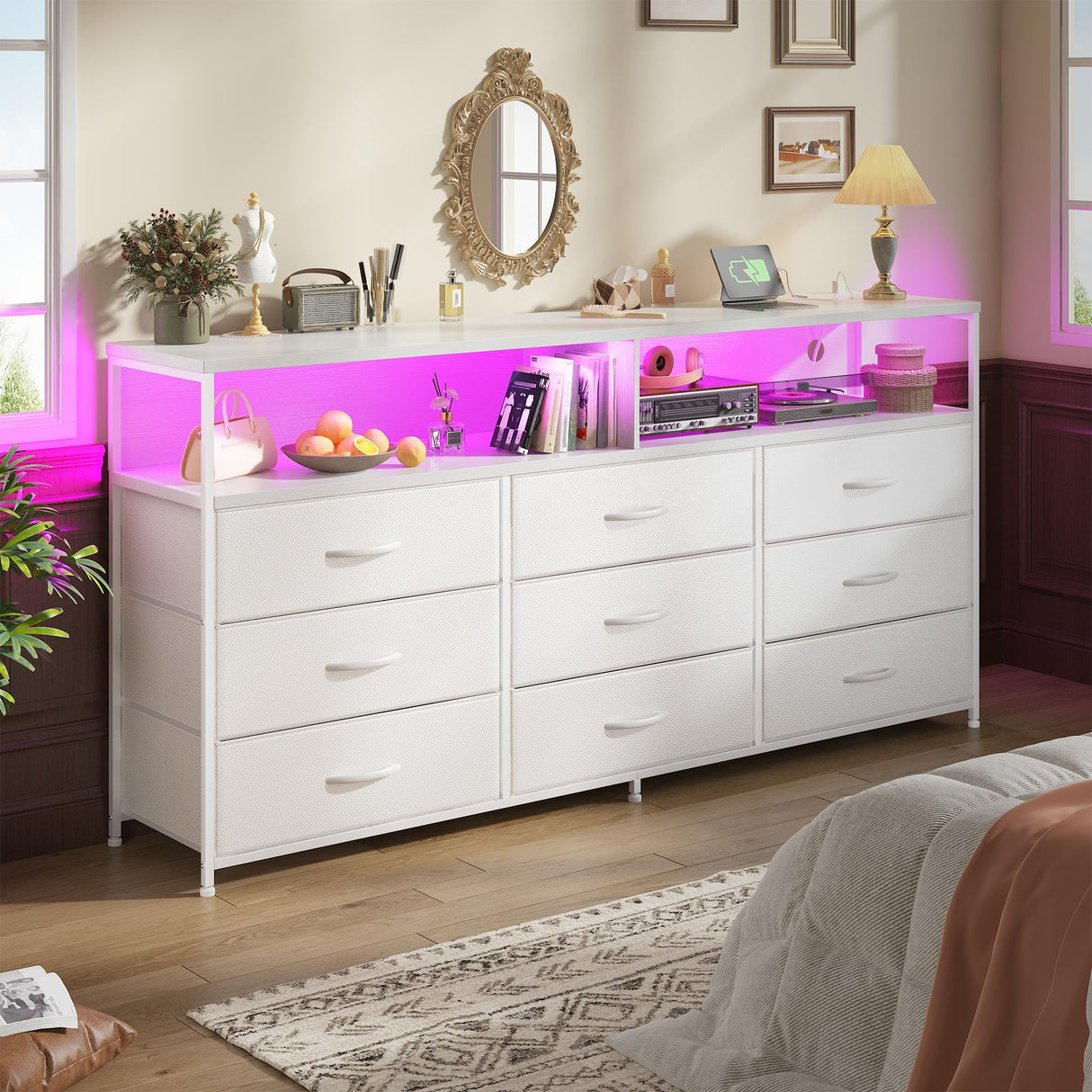 Romorgniz 55" W White Dresser for Bedroom with 9 Drawers, LED TV Stand with Power Outlets for 45, 55, 65 Inch TV, Sturdy Long Chest of Drawers with Extra 2 Wooden Shelves, 55.1" W x 35.4" H x 11.8" D Romorgniz