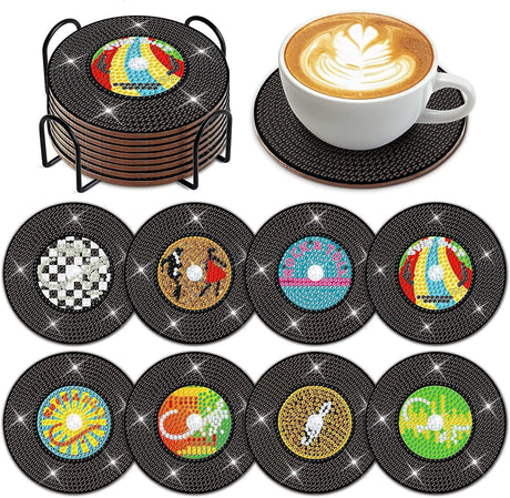 Eimilaly 8 Pcs Vintage Vinyl Record Diamond Painting Coasters with Holder for 70s 80s 90s Disco Party Decor, Suit for Beginners Kids Adults Eimilaly