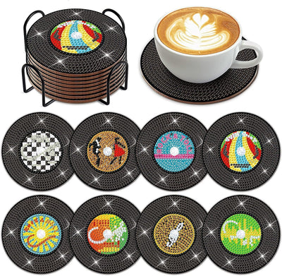 Eimilaly 8 Pcs Vintage Vinyl Record Diamond Painting Coasters with Holder for 70s 80s 90s Disco Party Decor, Suit for Beginners Kids Adults