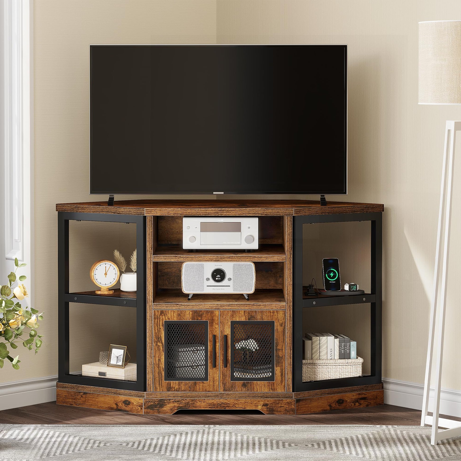 YITAHOME Corner TV Stand for TVs up to 55 Inch with Power Outlet, Modern Farmhouse Entertainment Center, Wood TV Media Console with Storage Cabinets Shelves for Living Room, Retro Brown - WoodArtSupply