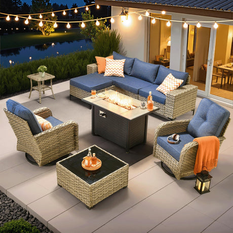 ovios 9 Pieces Patio Furniture Set Outdoor Sectional Sofa Couch with Fire Pit Table Rocking Swivel Chairs Deep Seat Chaise, Modern Modular Wicker Rattan Conversation Set, Denim Blue ovios