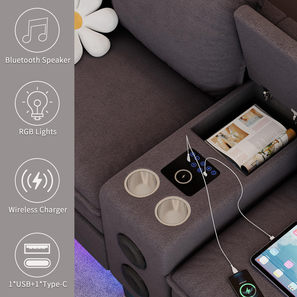 HYZQ Sectional Couches for Living Room, 4 Seat Sectional Sofa with Smart Module-Bluetooth Speaker/RGB Light/Charging Station, Teddy Fleece U Shaped Cloud Couch with Storage Ottoman (Dark Grey) HYZQ