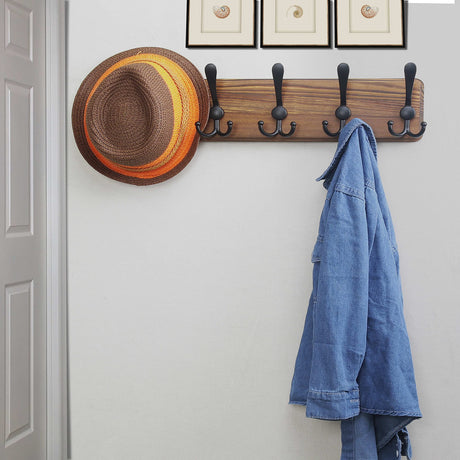 Dseap Coat Rack Wall Mounted - 5 Tri Hooks, Heavy Duty, Wooden Wall Coat Hanger Coat Hook for Clothes Hat Jacket Clothing, Natural & Black Dseap