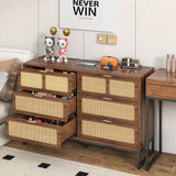 IQCNGVX 6 Drawer Dresser, Modern Rattan Dresser Chest with Wide Drawers and Metal Handles, Accent Dresser Drawer Organizer, Farmhouse Wood Storage Chest of Drawers for Bedroom, Living Room, Entryway IQCNGVX