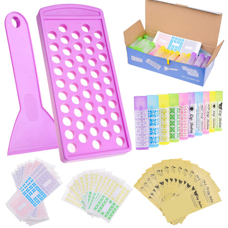 Kare & Kind Lip Balm Crafting Kit - Filling Tray and Spatula - 50 Empty Tubes with Caps (10x5 Colors) - 3/16 Oz (5.5 ml) - 50 Writeable and 50 Printed Stickers - DIY Kit Kare & Kind