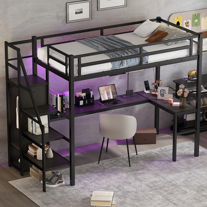 Metal Twin XL Size Loft Bed with Desk and Wardrobe,Heavy Duty Loft Bed Frame with Storage Stairs,LED Loft Bed Twin XL with Charging Station, Space Saving Loft Bed Twin XL for Kids,Teens,Adults,Black