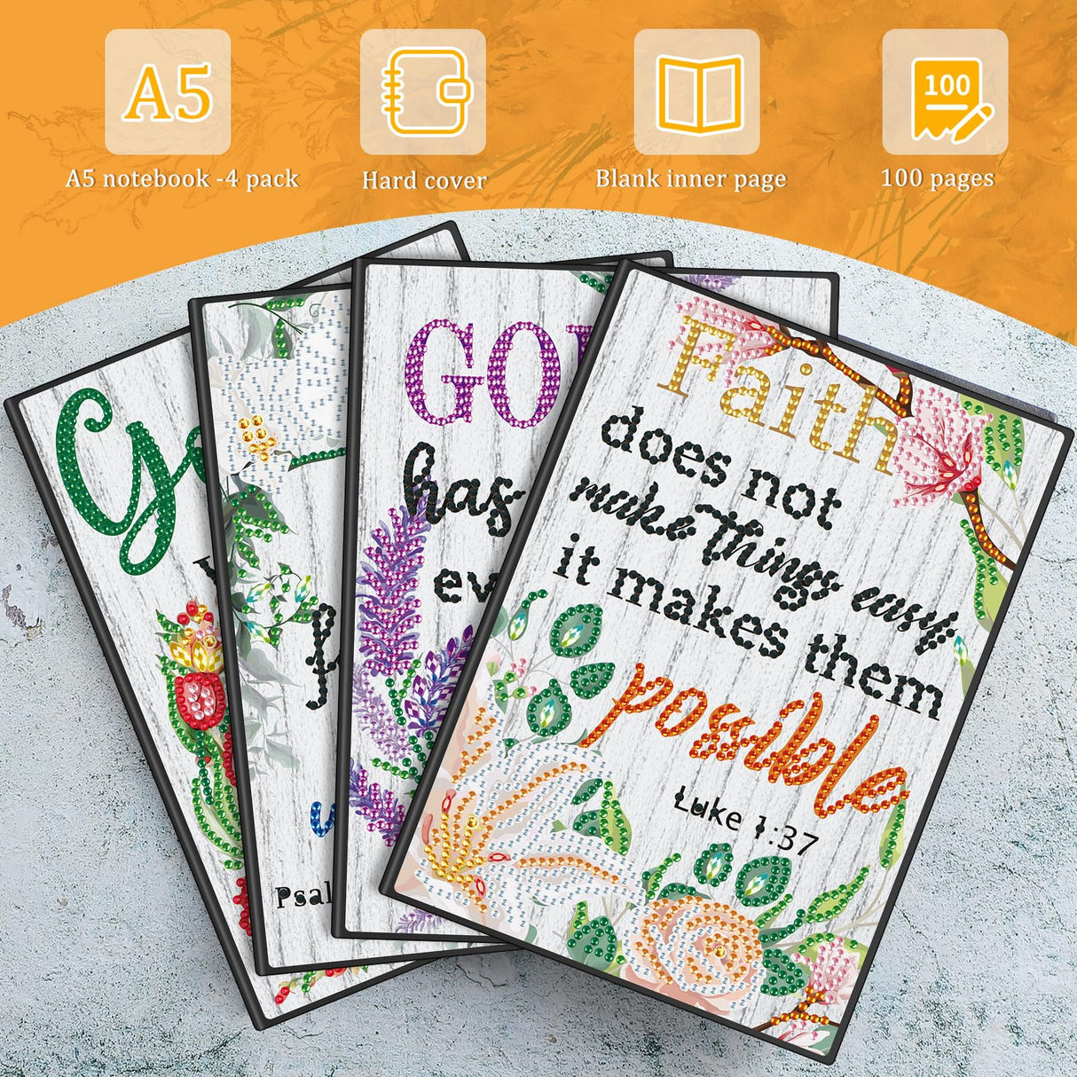 Ctosree 4 Pack A5 Bible Diamond Painting Notebook Christian Diamond Art Notebook, God is Within Her She Will Not Fall Inspirational Quotes Journal Leather Sketchbook with Tools for Gift Ctosree