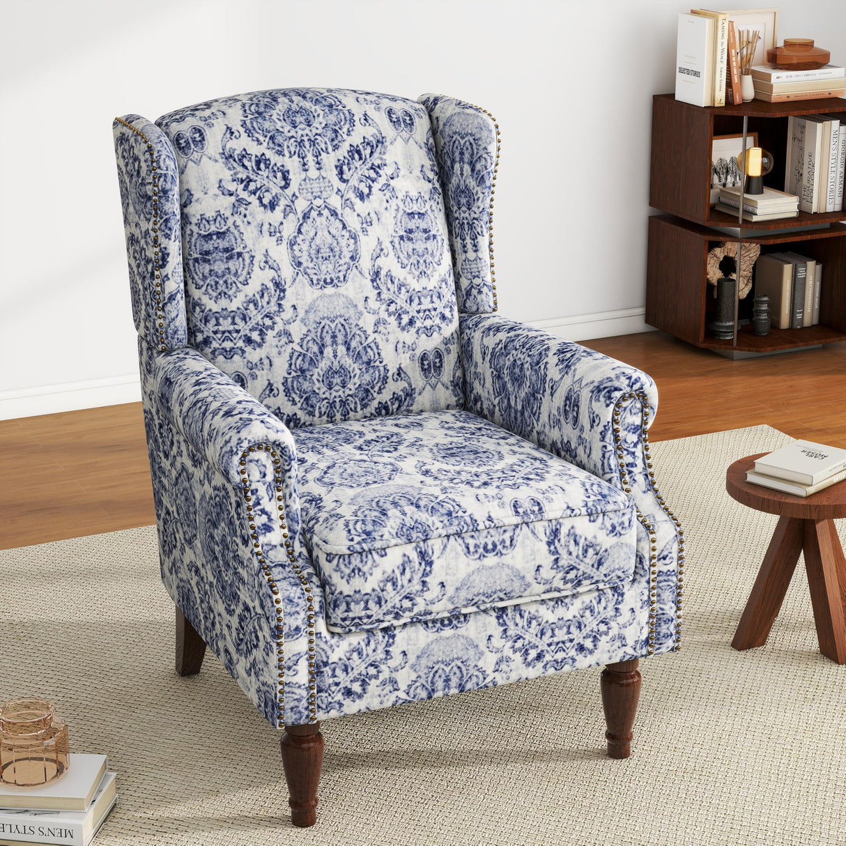 UIXE Floral Accent Chair, High Back Pattern Arm Chair for Living Room, Traditional Fabric Armchair Comfy Upholstered Sofa Reading Seat with Nailhead Trim & Retro Wood Legs - Navy UIXE