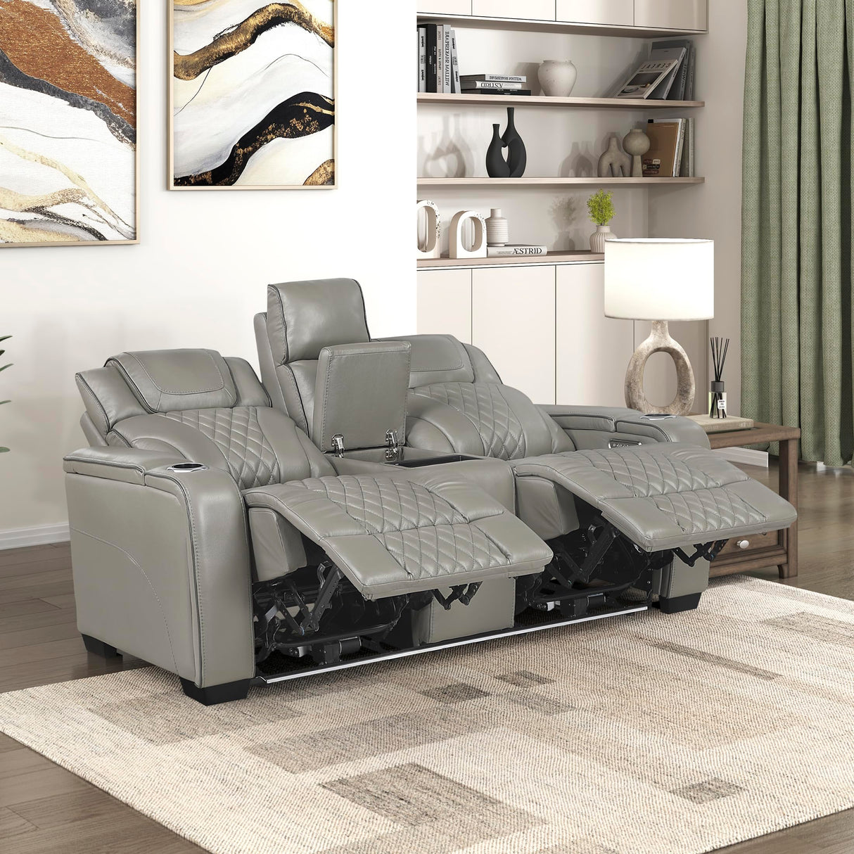 Lexicon Power Double Reclining Loveseat, Center Console/Heat/Massage/Headrest/Storage Arms/Cup Holders/LED Lights/Wireless Charging, Top Grain Leather Match Wall Hugger Recliner Loveseat, Grey Lexicon