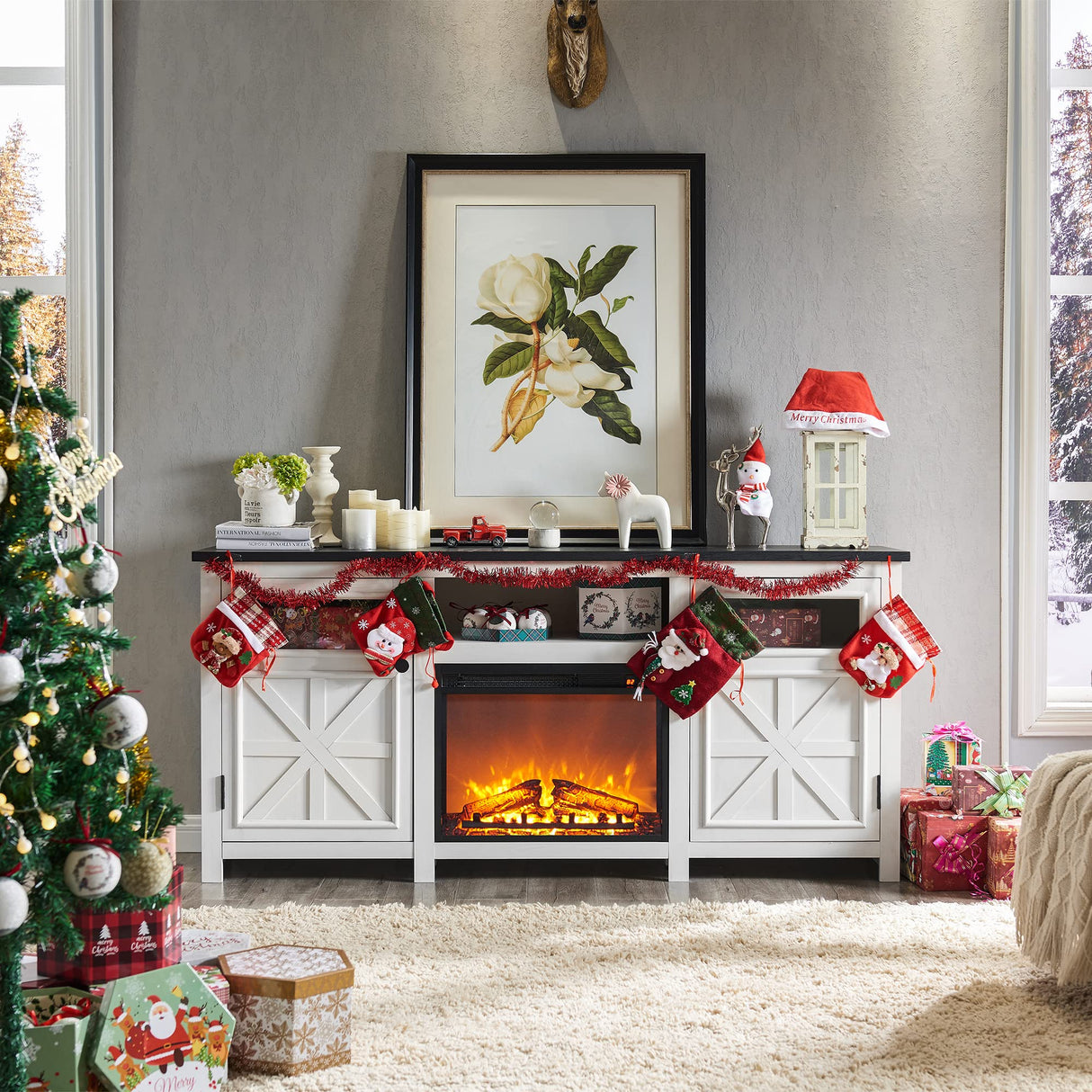 JXQTLINGMU Fireplace TV Stand for 80 Inch TV, Farmhouse Highboy Entertainment Center w/23'' Electric Fireplace & Cross Barn Door, Large TV Console for TVs Up to 80", 70 inches, White JXQTLINGMU