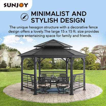 Sunjoy 13 x 15 ft. Hardtop Gazebo, Outdoor Macomb Hexagon Gazebo, Hexagon Double Tiered Metal Gazebo with Decorative Fence, Dual Rails, and Ceiling Hook for Patio, Garden, Backyard Shade - WoodArtSupply