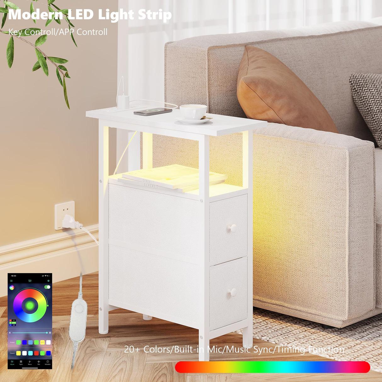 TRIFEBLE End Table with Charging Station, Narrow Side Table with 2 Fabric Drawers, Skinny Nightstand with LED Light, Slim Bedside Table for Bedroom, Living Room, Small Spaces, White TRIFEBLE