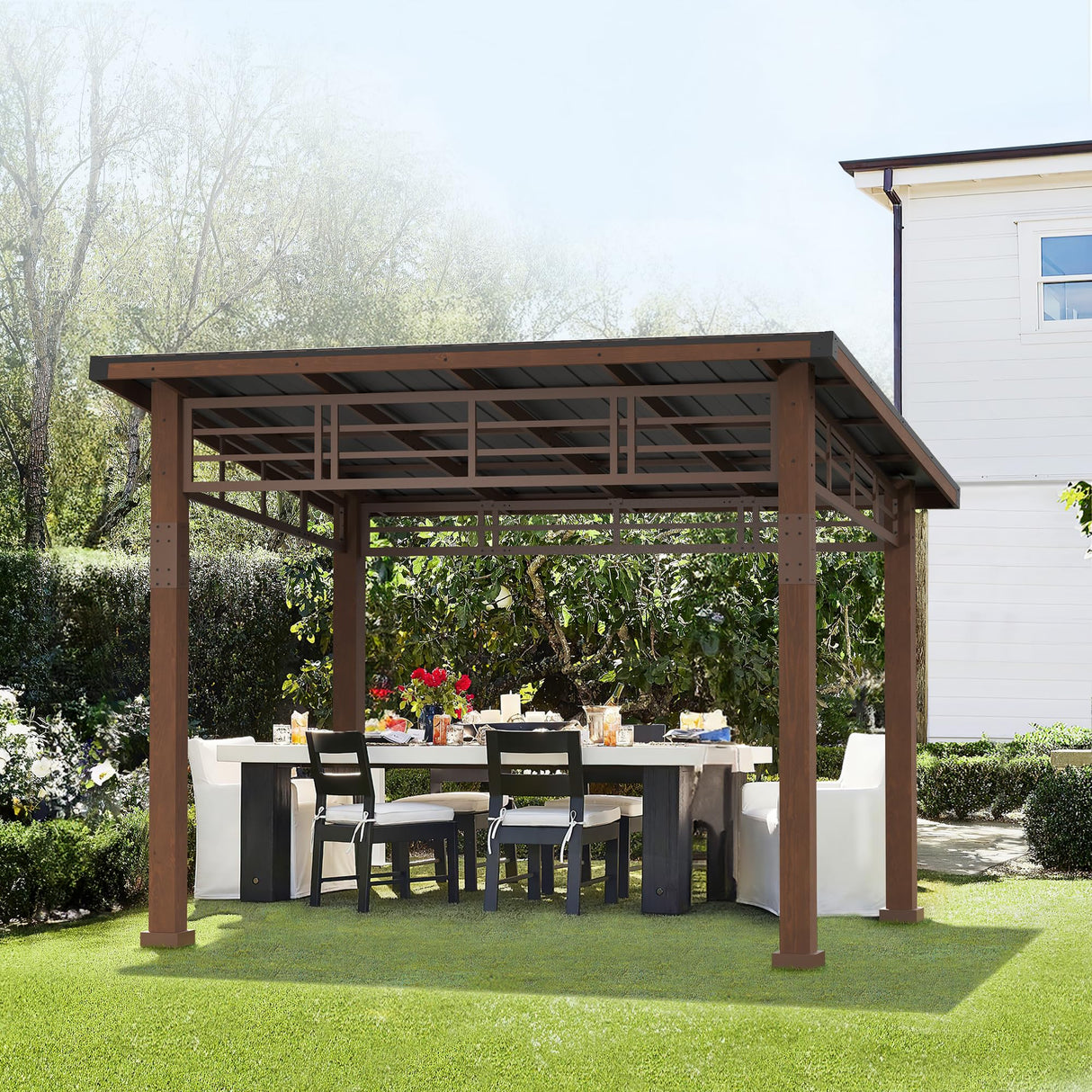 LUE BONA 10x12 Hardtop Gazebo, Outdoor Pergola Metal Roof Gazebo with Wooden Frame, Patio Gazebo Canopy with Curtains, Permanent Pavilion Grill Gazebo for Deck, Patio, Backyard, Garden LUE BONA