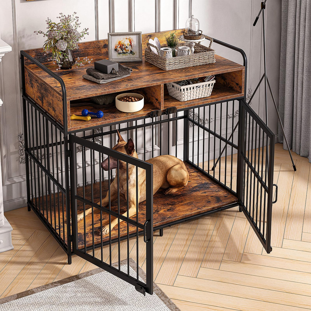 Saudism Large Dog Crate Furniture, Dog Kennel Indoor, Wood Dog Cage Table with Drawers Storage, Heavy Duty Dog Crate, Jaula para Perros, Sturdy Metal, 40.5" L×23.6" W×35.4" H Saudism