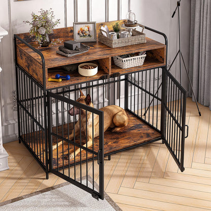 Saudism Large Dog Crate Furniture, Dog Kennel Indoor, Wood Dog Cage Table with Drawers Storage, Heavy Duty Dog Crate, Jaula para Perros, Sturdy Metal, 40.5" L×23.6" W×35.4" H - WoodArtSupply