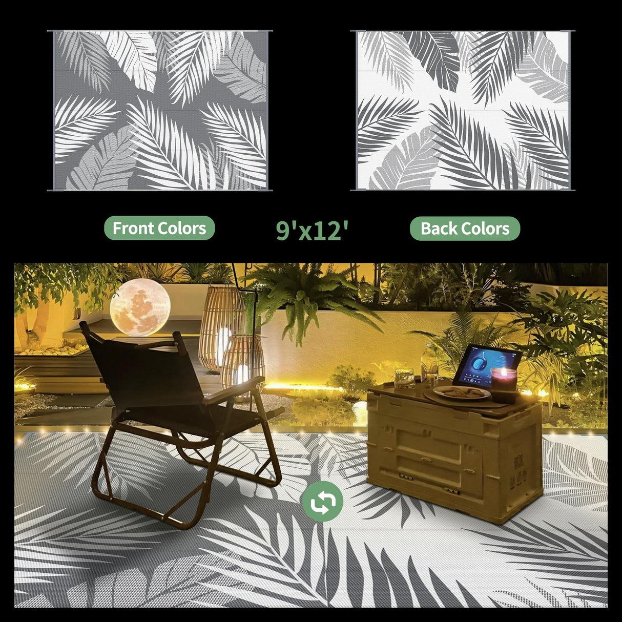 GENIMO Outdoor Rug 9' x 12' Waterproof for Patios Clearance, Reversible Outdoor Plastic Straw Camping Rug Carpet with LED String Light, Area Rugs Mats for RV, Camper, Deck, Balcony, Porch, Grey&White GENIMO